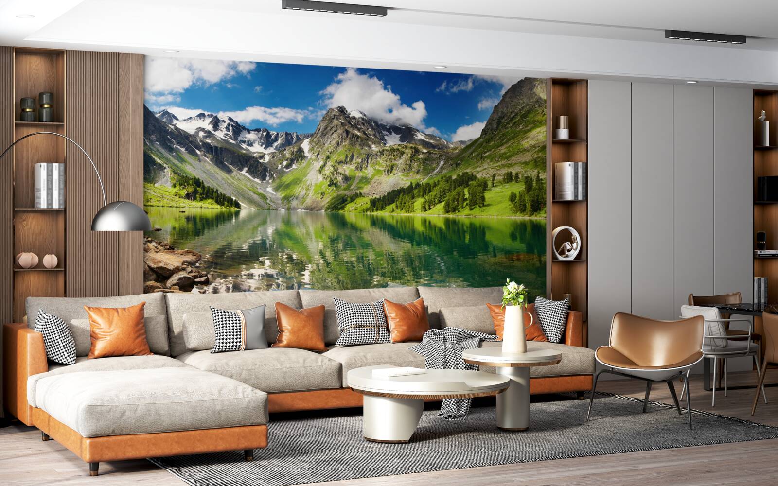 Fototapet apele calme ale unui lac din munți într-o zi de vară