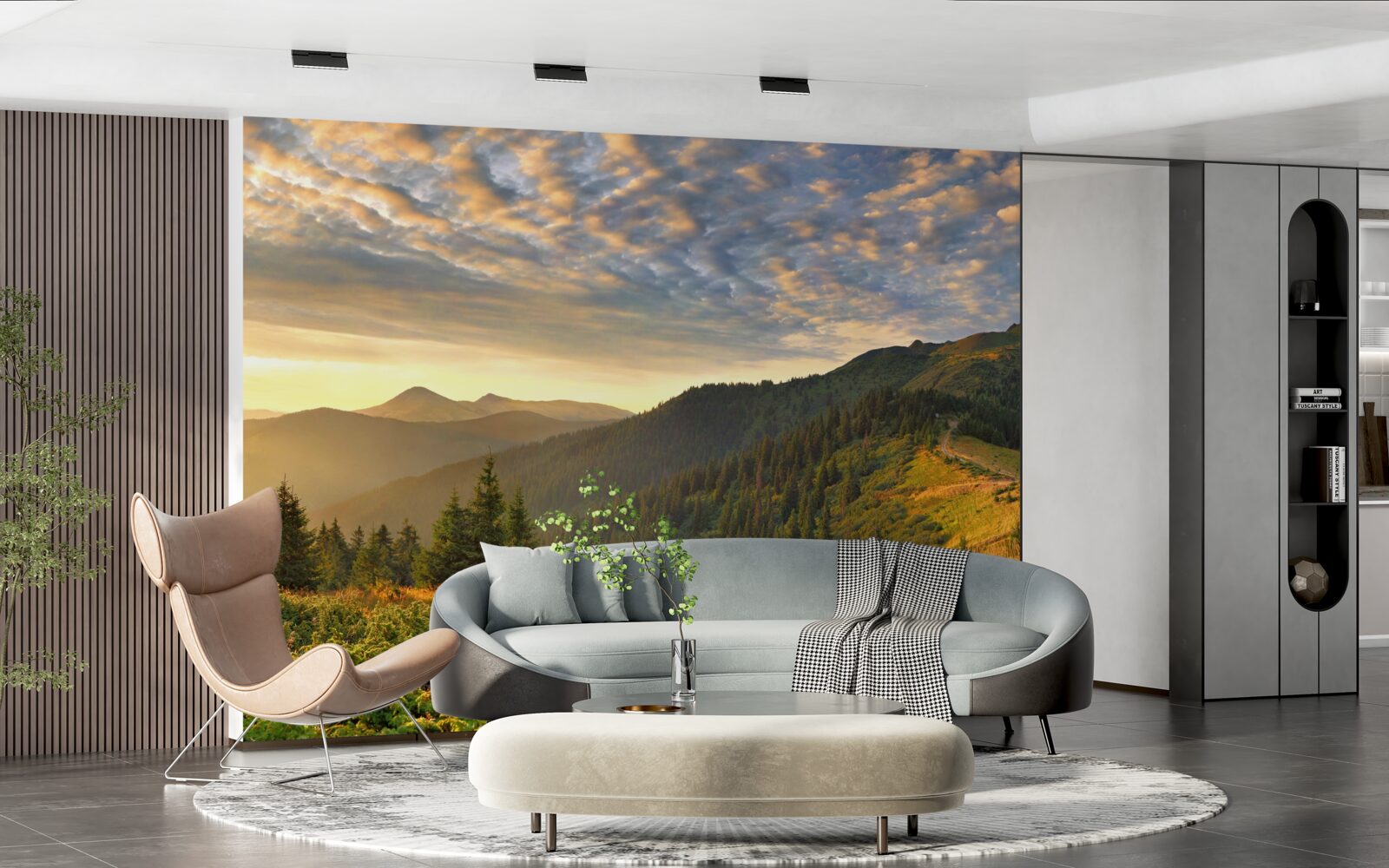 Fototapet norii de deasupra munților sunt pictați în culorile calde ale apusului de soare