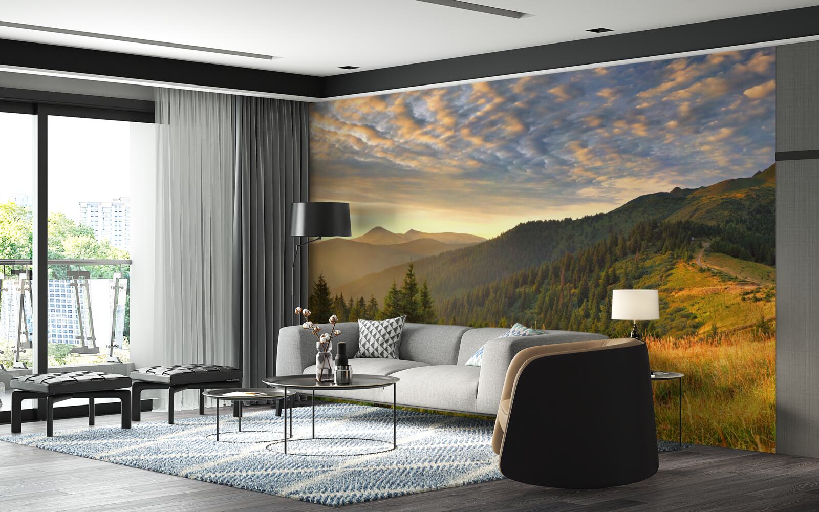 Fototapet norii de deasupra munților sunt pictați în culorile calde ale apusului de soare