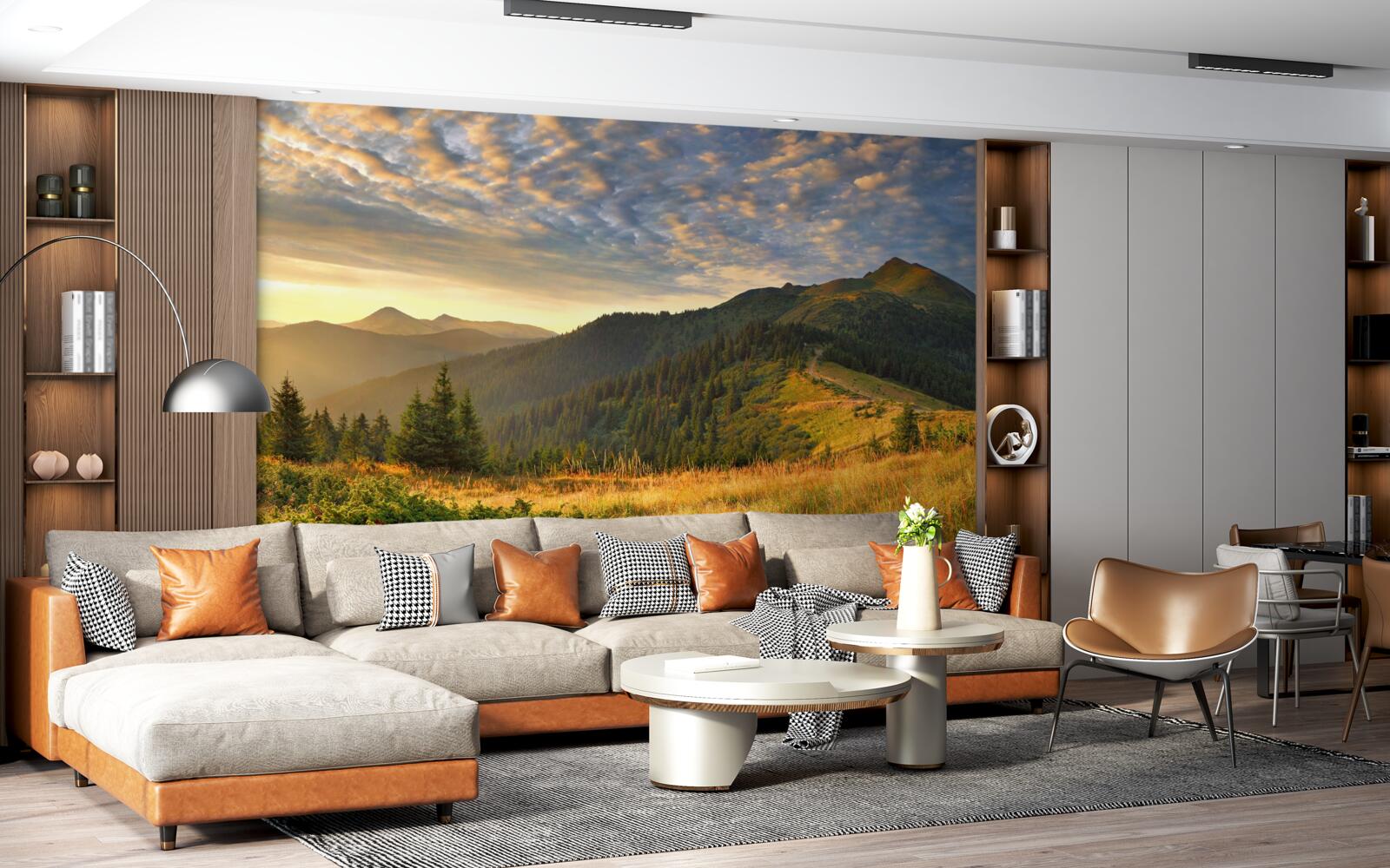 Fototapet norii de deasupra munților sunt pictați în culorile calde ale apusului de soare