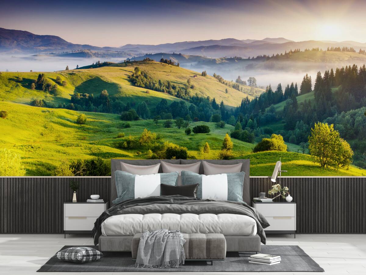 Fototapet pajiștile de munte prind viață în razele calde ale zorilor