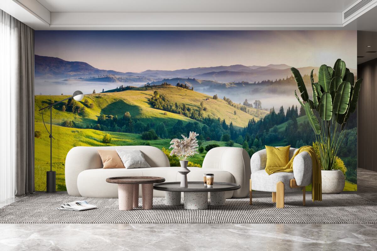 Fototapet pajiștile de munte prind viață în razele calde ale zorilor