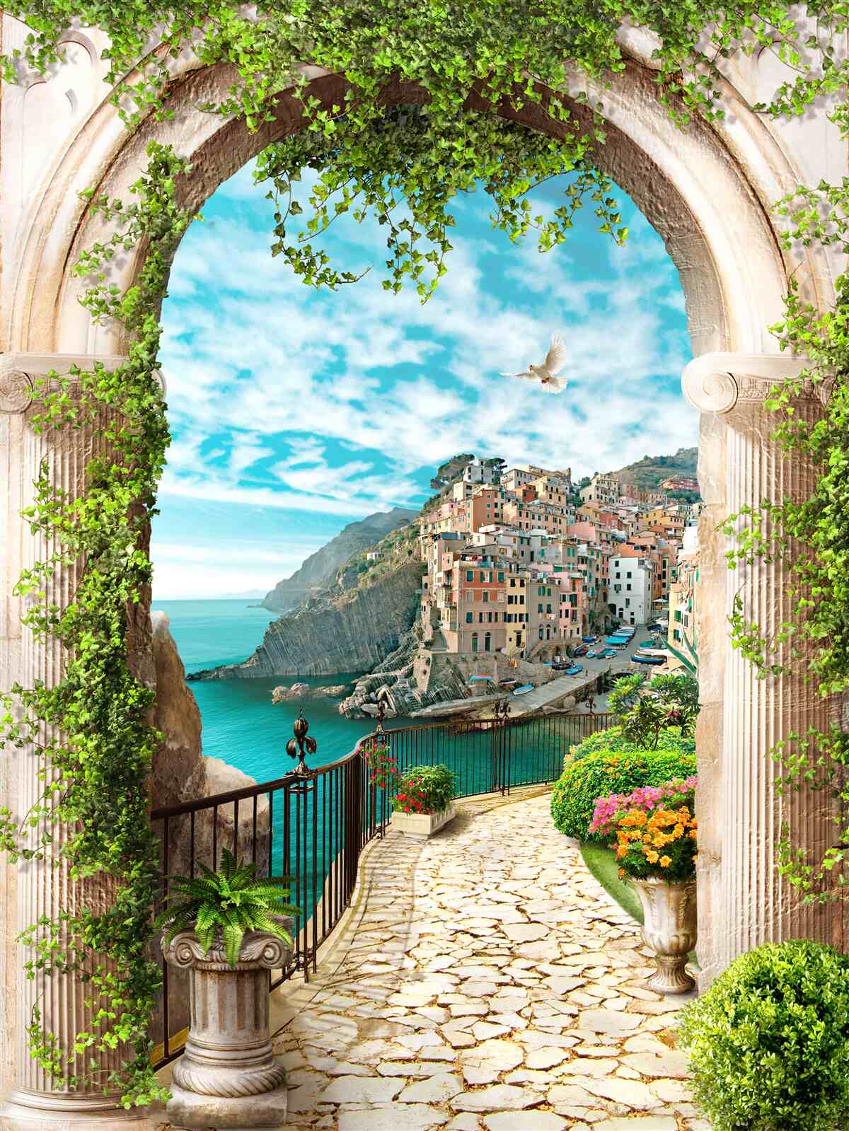 Fototapet arc de piatră și drumul care duce în oraș