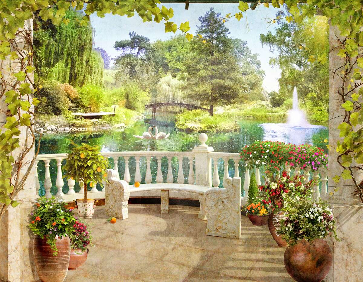 Fototapet Lebede pe lac, pe terasă