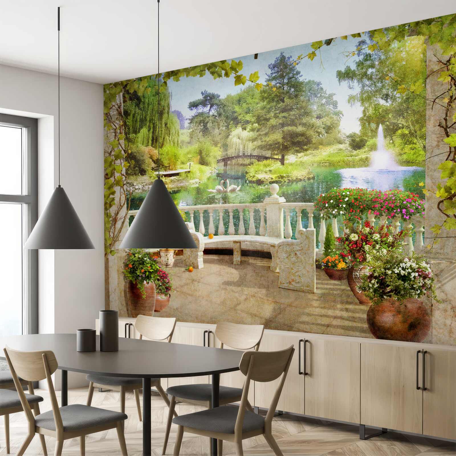 Fototapet Lebede pe lac, pe terasă