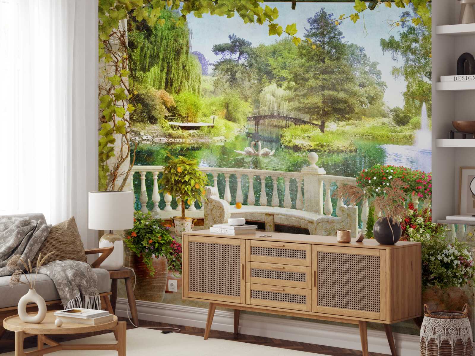 Fototapet Lebede pe lac, pe terasă