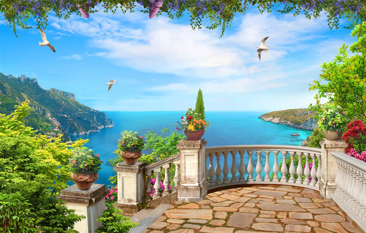 Fototapet balcon cu împrejurimi confortabile, cu vedere la adâncurile mării și la vârfurile munților