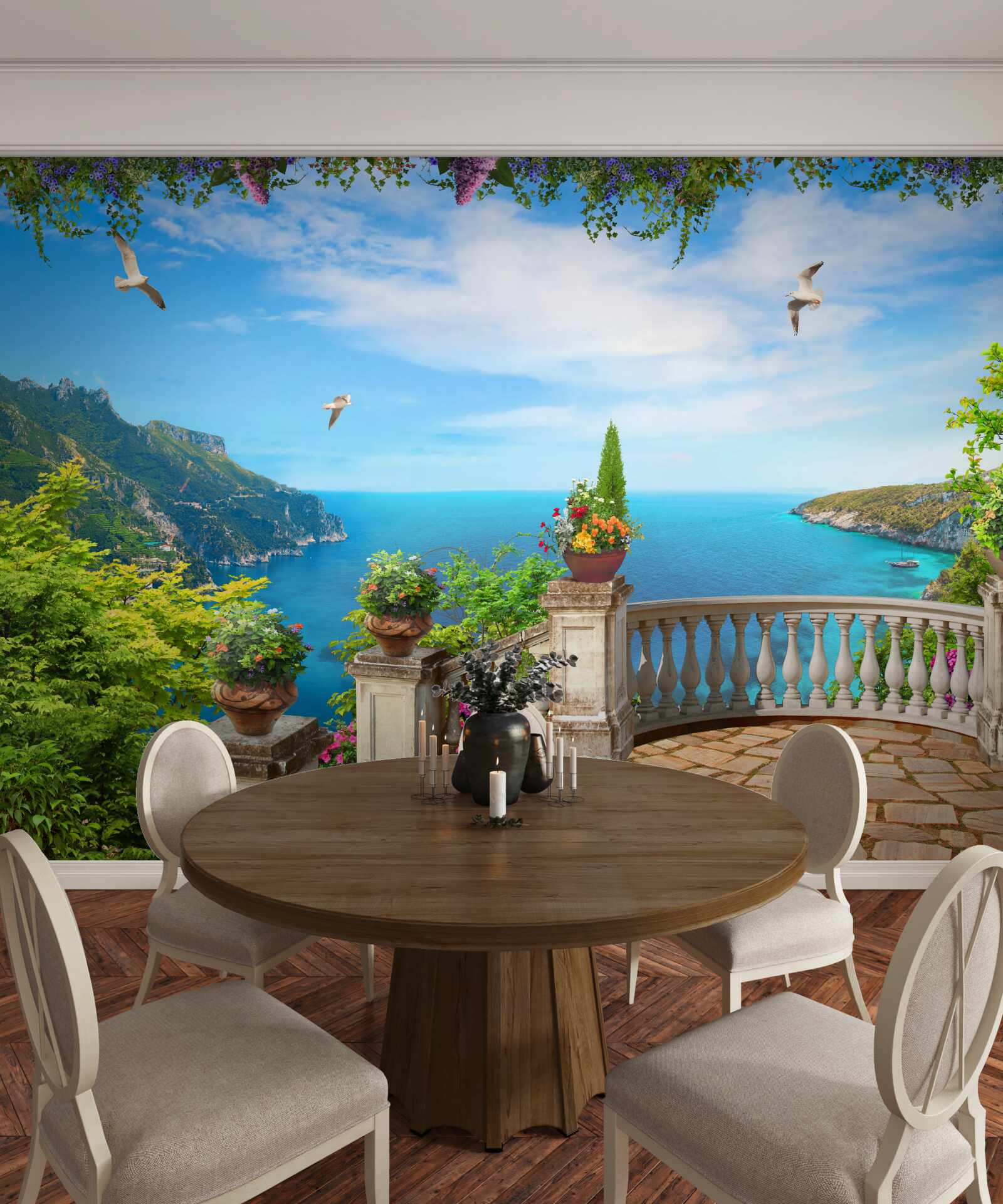 Fototapet balcon cu împrejurimi confortabile, cu vedere la adâncurile mării și la vârfurile munților