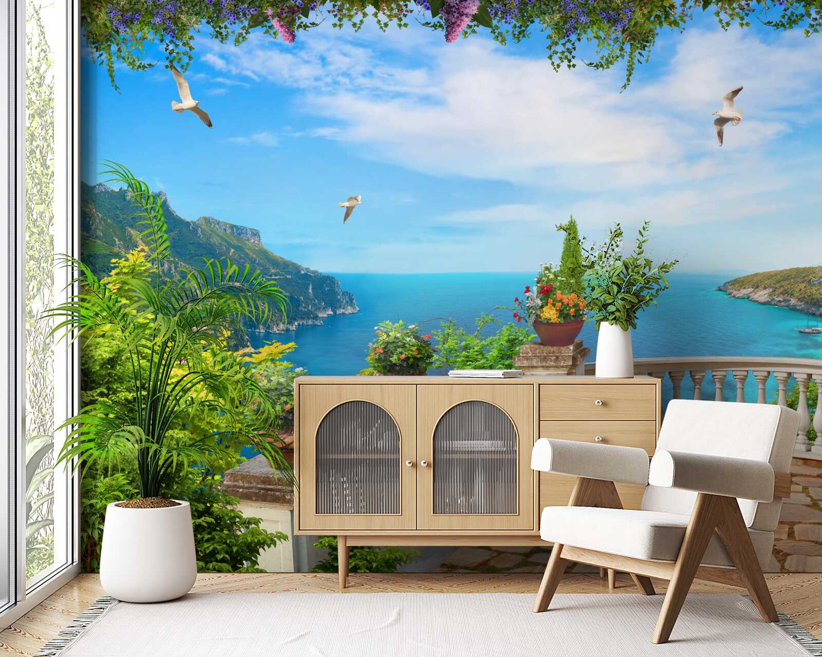 Fototapet balcon cu împrejurimi confortabile, cu vedere la adâncurile mării și la vârfurile munților