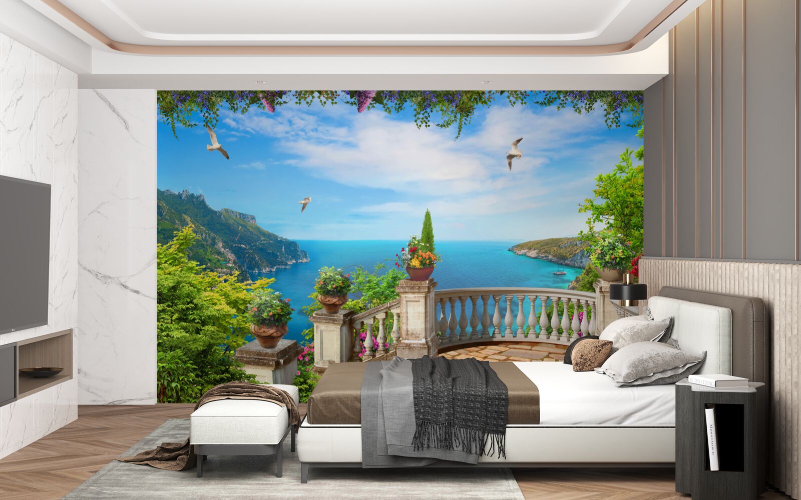 Fototapet balcon cu împrejurimi confortabile, cu vedere la adâncurile mării și la vârfurile munților