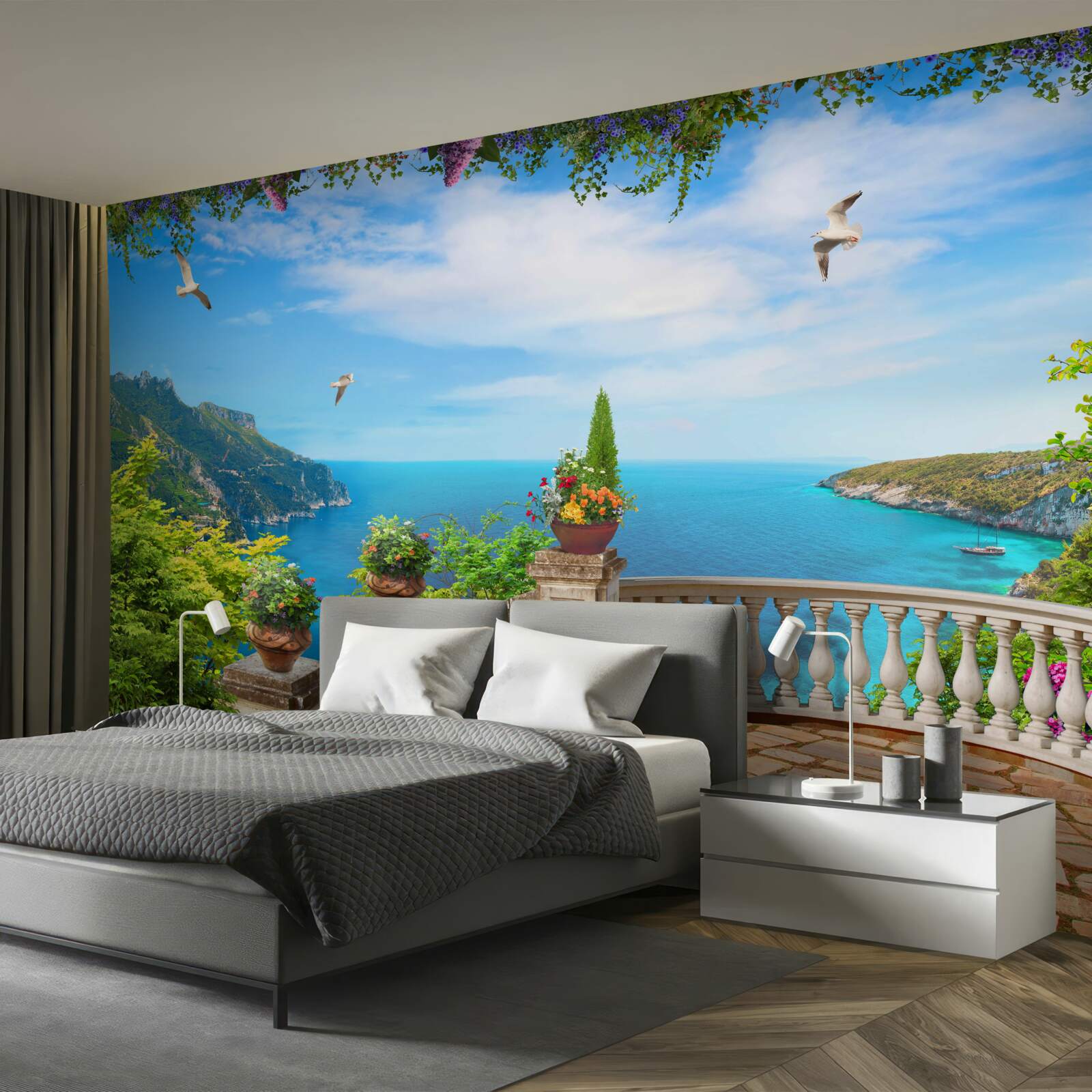 Fototapet balcon cu împrejurimi confortabile, cu vedere la adâncurile mării și la vârfurile munților