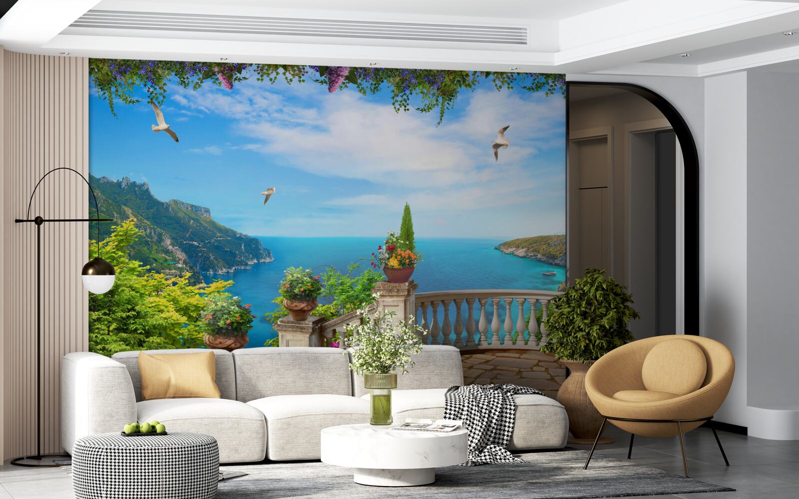 Fototapet balcon cu împrejurimi confortabile, cu vedere la adâncurile mării și la vârfurile munților