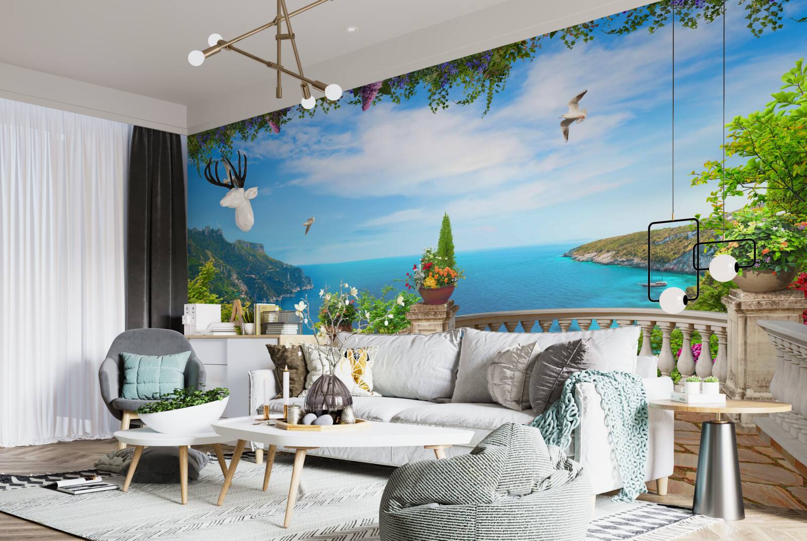 Fototapet balcon cu împrejurimi confortabile, cu vedere la adâncurile mării și la vârfurile munților