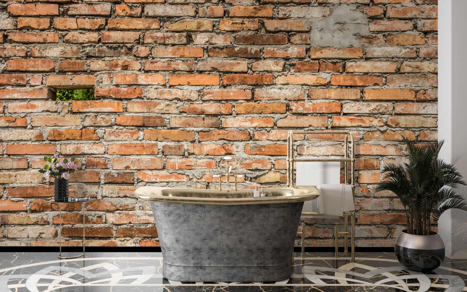 Fototapet Un zid cu cărămizi căzute care și-au pierdut prospețimea