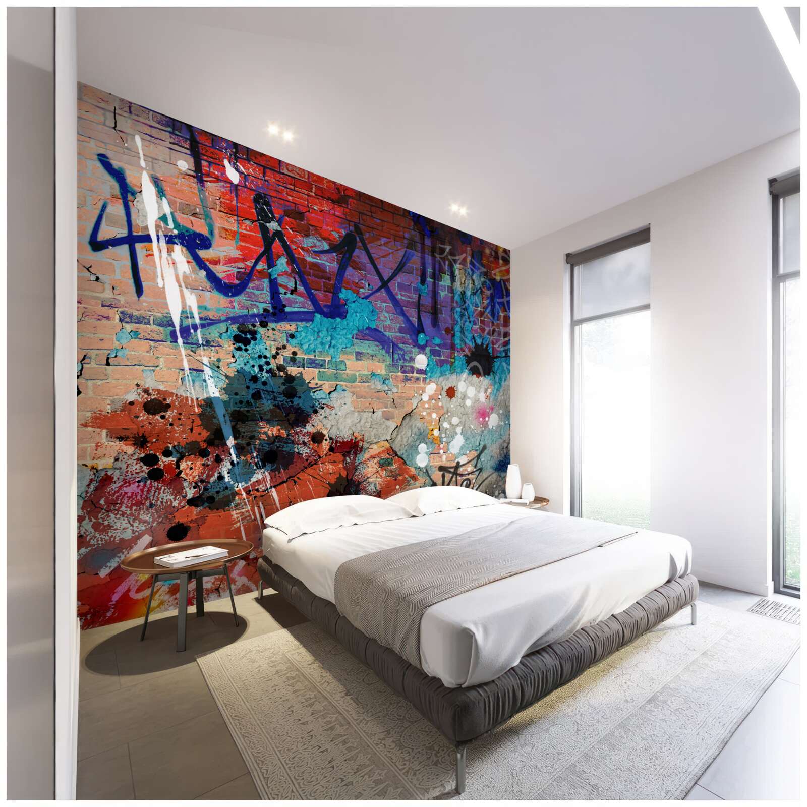 Fototapet model graffiti multicolor pe un perete de cărămidă roșie
