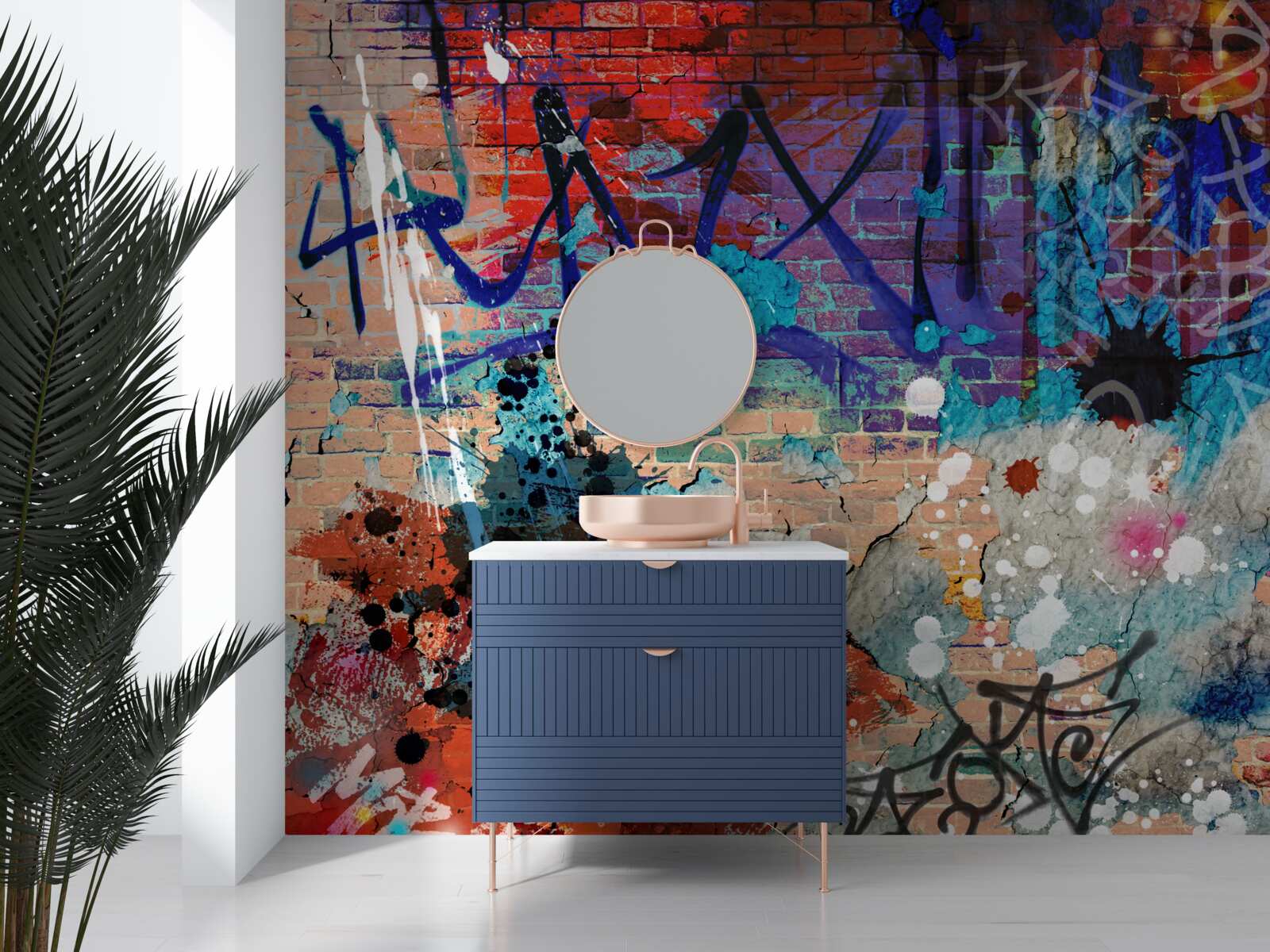 Fototapet model graffiti multicolor pe un perete de cărămidă roșie