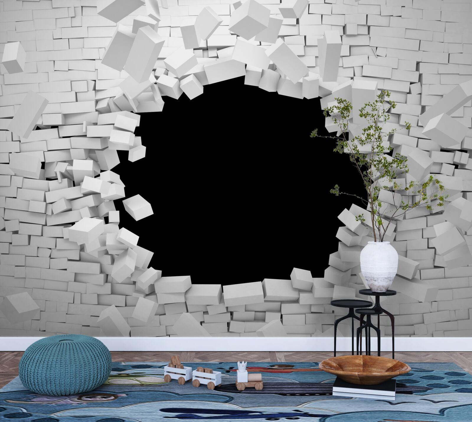 Fototapet gaură întunecată într-un zid de cărămidă deschis