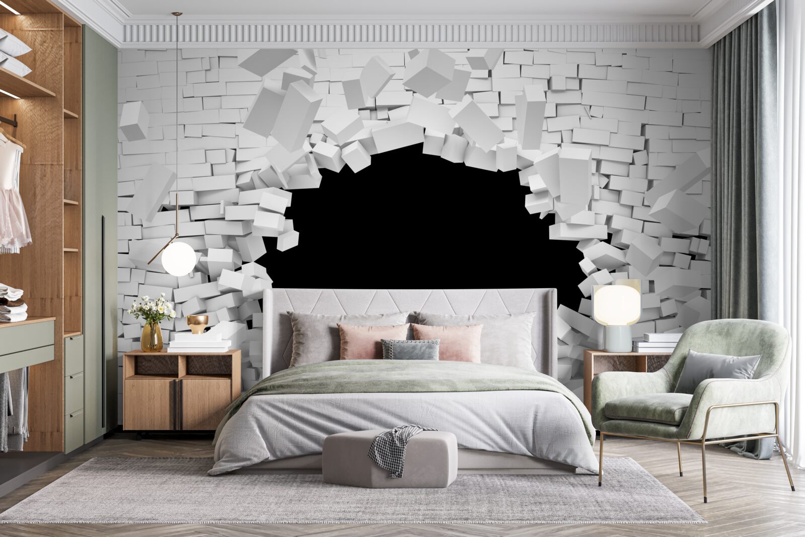 Fototapet gaură întunecată într-un zid de cărămidă deschis