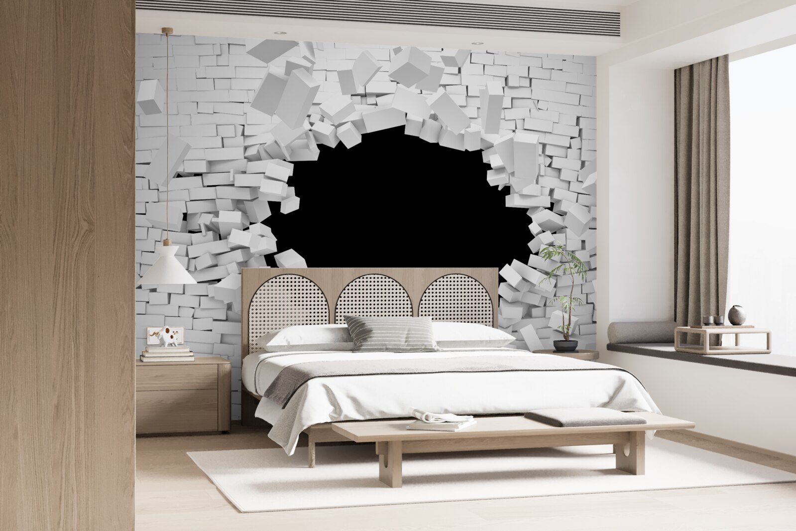 Fototapet gaură întunecată într-un zid de cărămidă deschis
