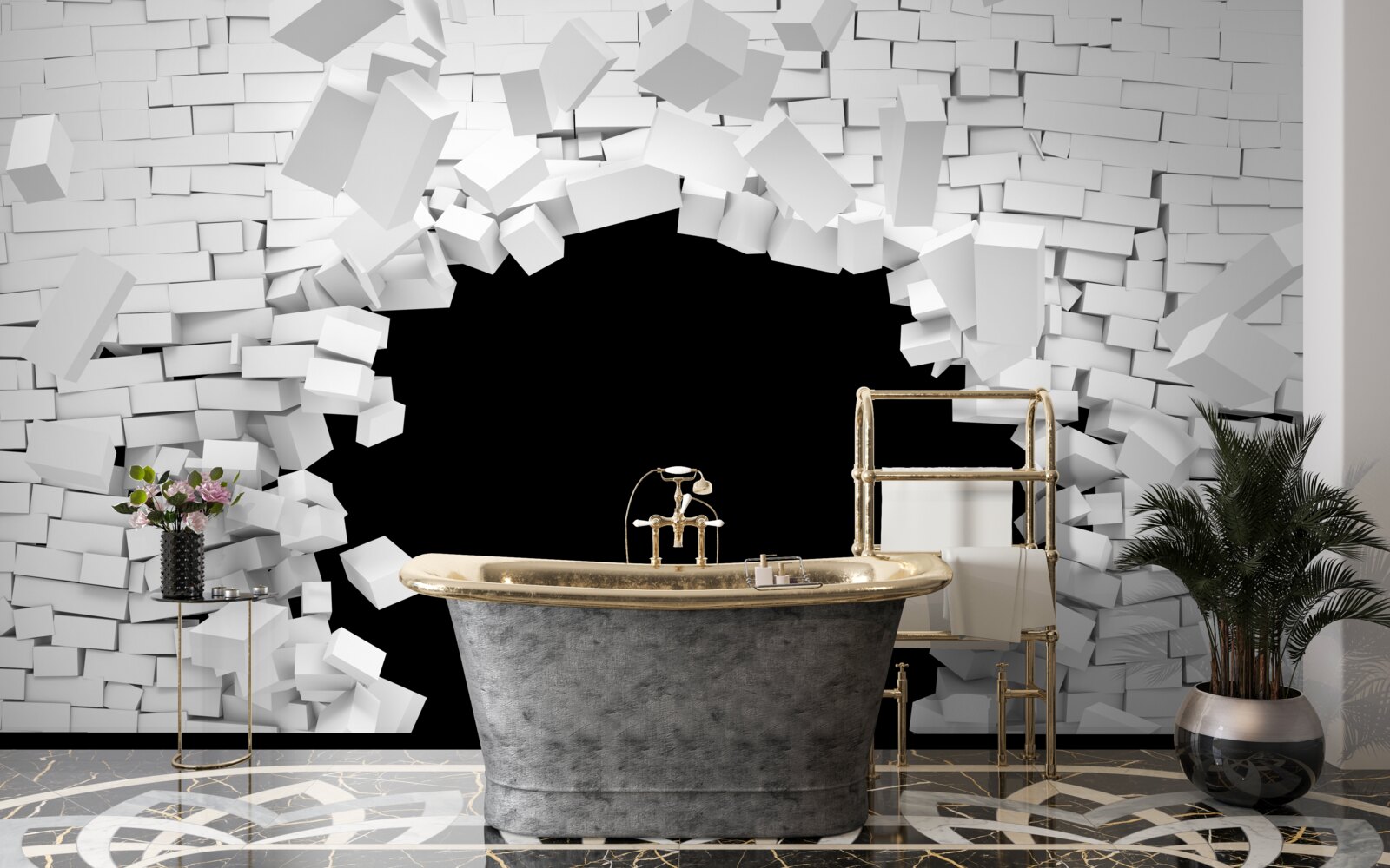 Fototapet gaură întunecată într-un zid de cărămidă deschis