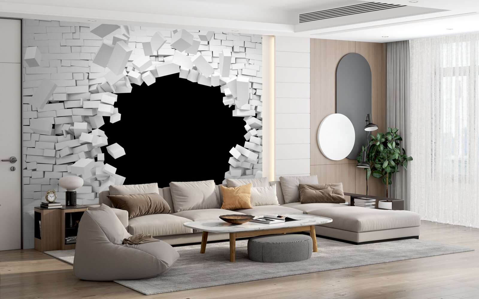 Fototapet gaură întunecată într-un zid de cărămidă deschis