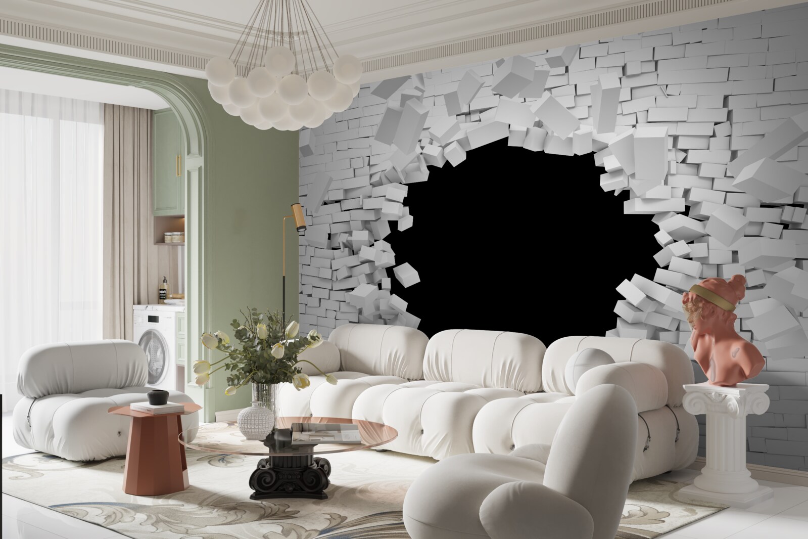 Fototapet gaură întunecată într-un zid de cărămidă deschis