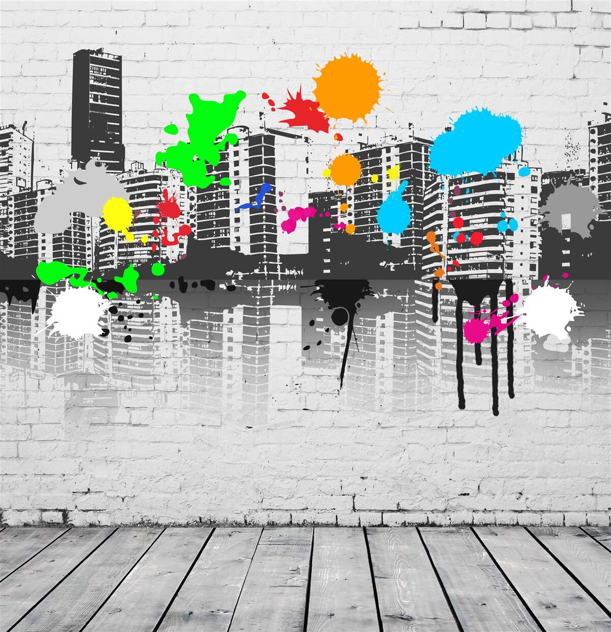 Fototapet case decorate cu pete luminoase de graffiti