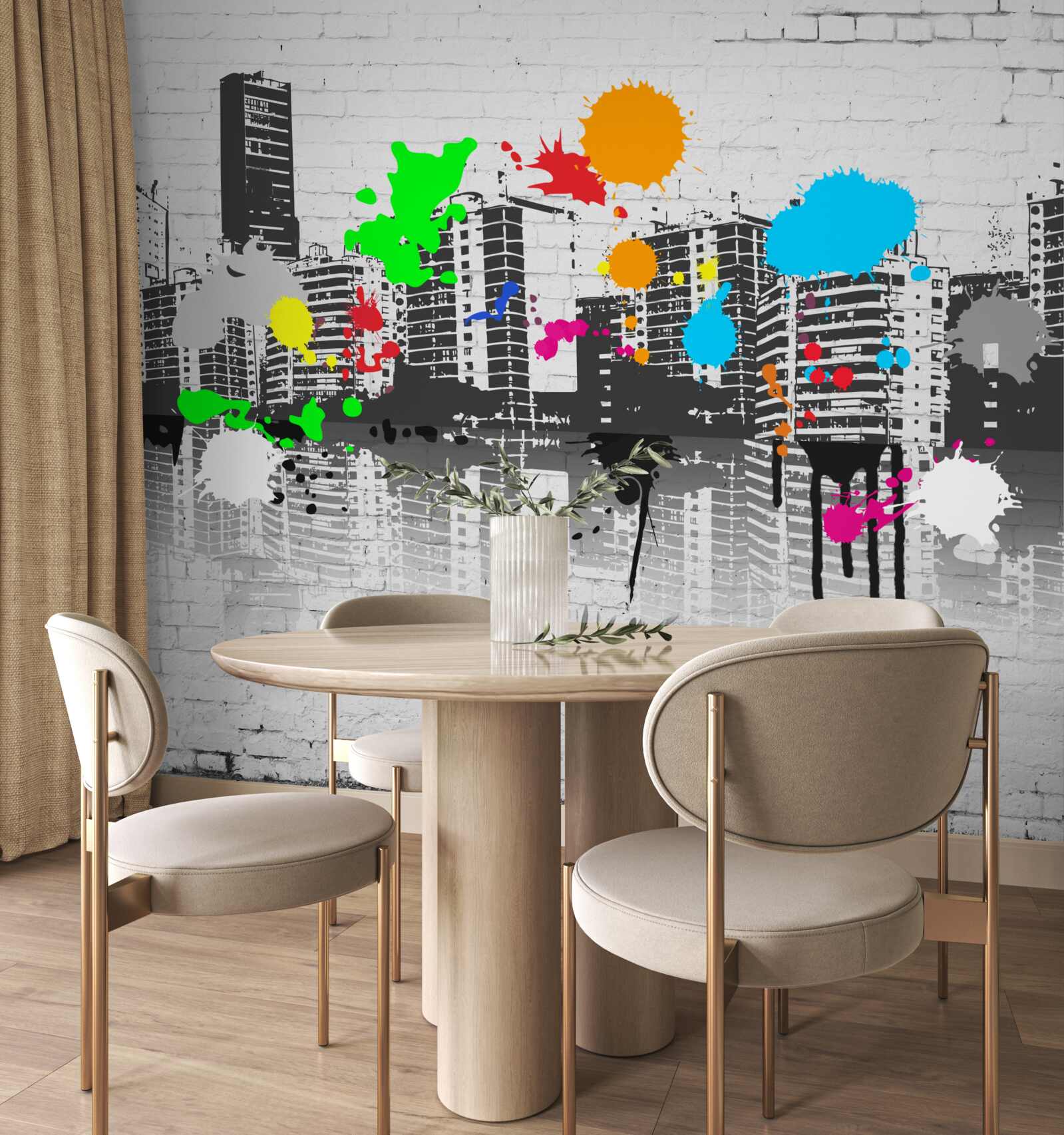 Fototapet case decorate cu pete luminoase de graffiti