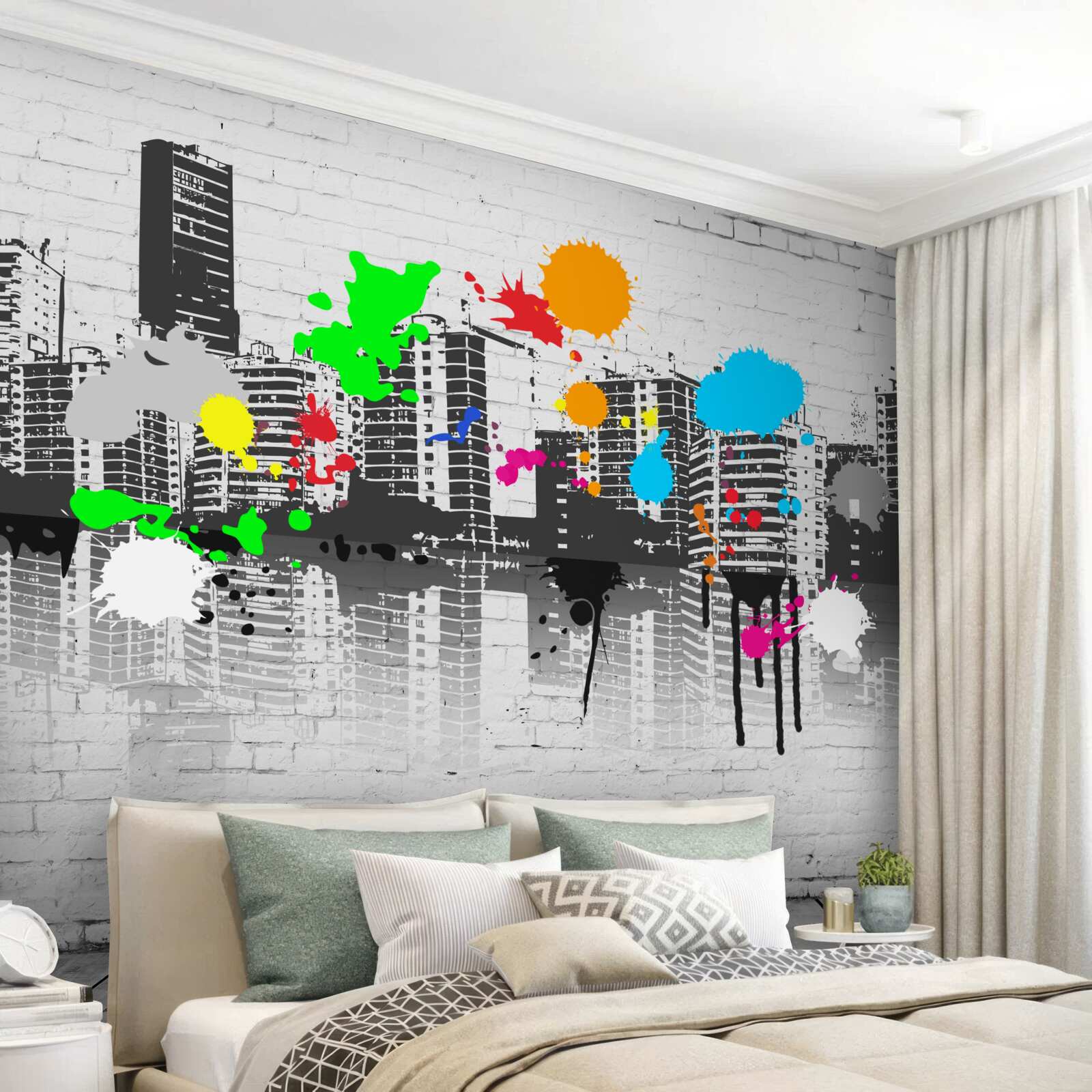 Fototapet case decorate cu pete luminoase de graffiti