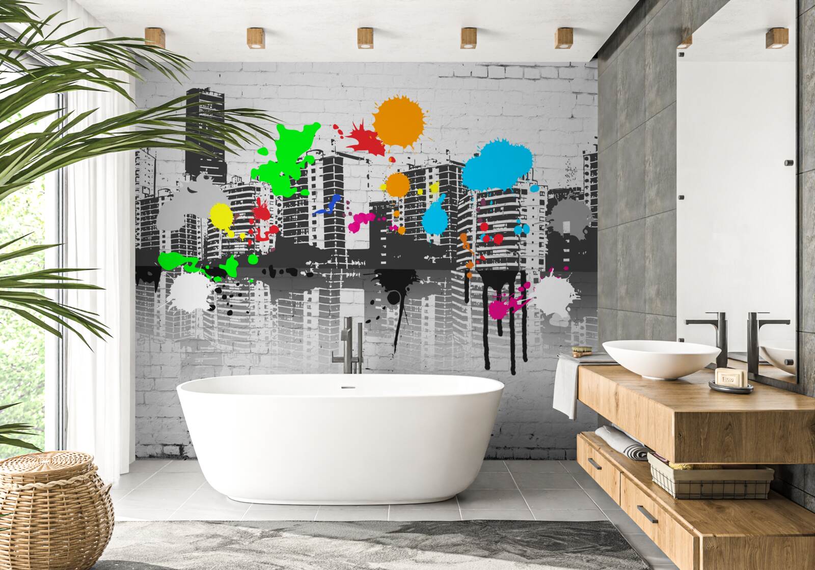 Fototapet case decorate cu pete luminoase de graffiti