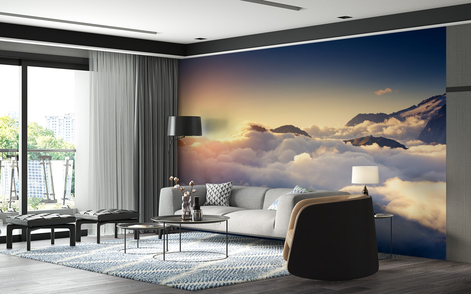 Fototapet norii de la orizont absorb soarele la apus