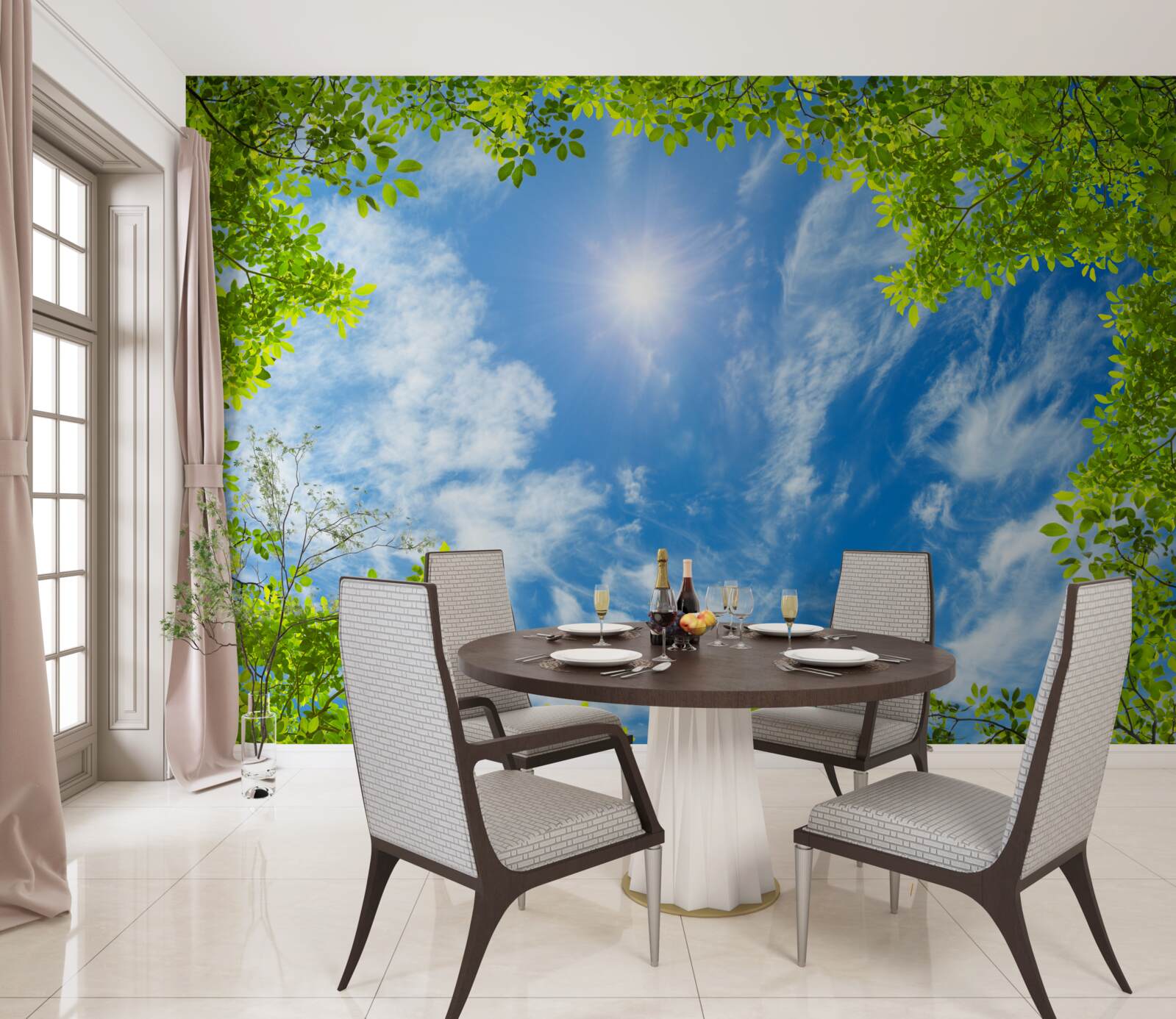 Fototapet verdele în care este îngropat soarele și albastrul cerului