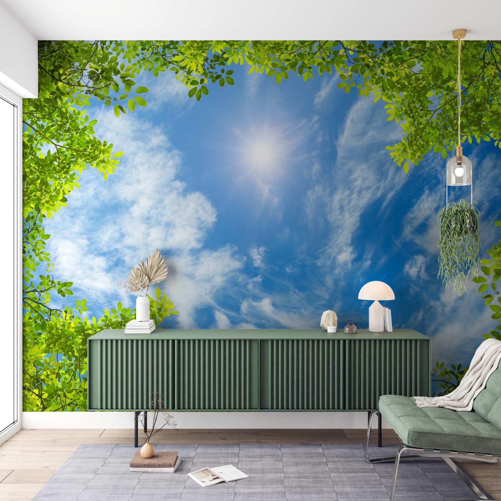 Fototapet verdele în care este îngropat soarele și albastrul cerului