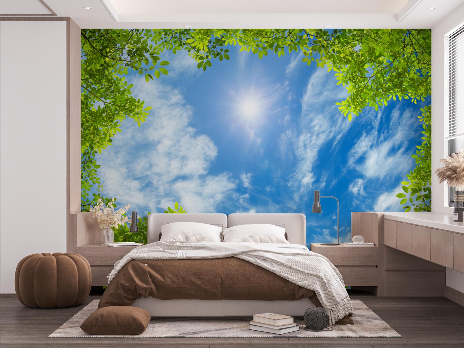 Fototapet verdele în care este îngropat soarele și albastrul cerului