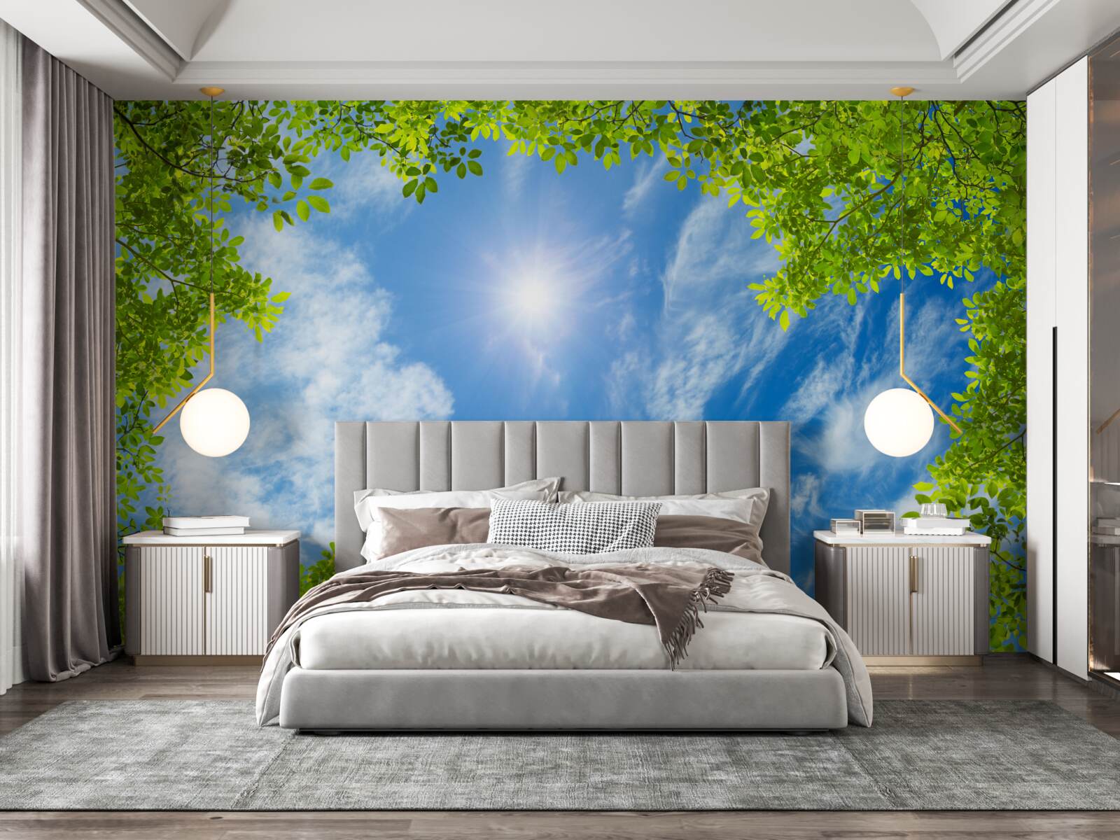 Fototapet verdele în care este îngropat soarele și albastrul cerului