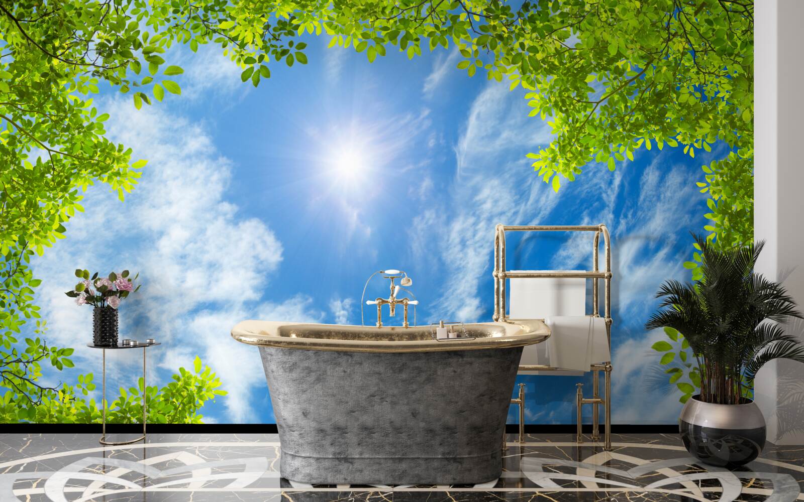 Fototapet verdele în care este îngropat soarele și albastrul cerului