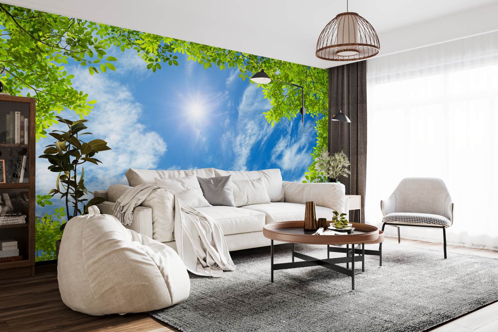 Fototapet verdele în care este îngropat soarele și albastrul cerului