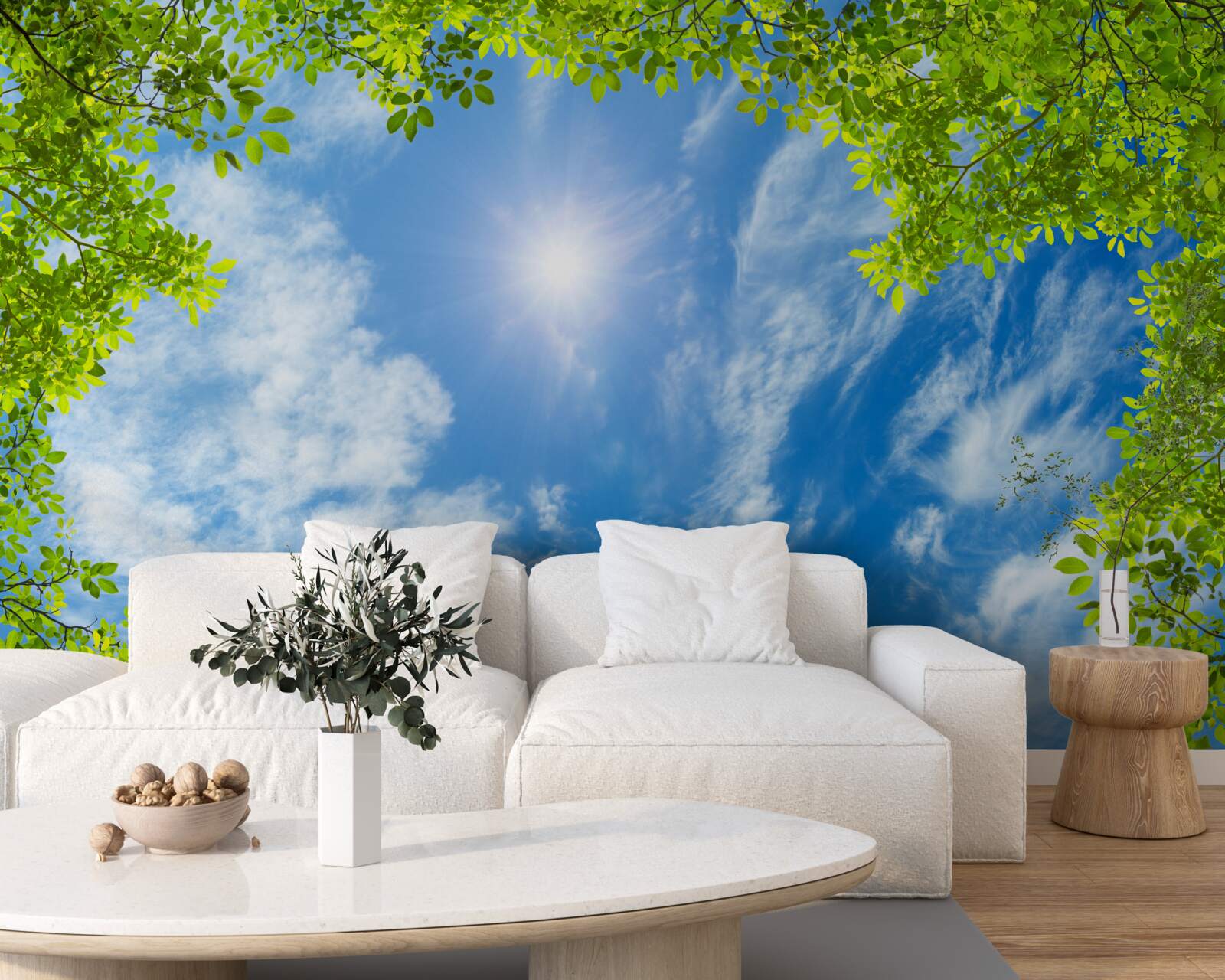 Fototapet verdele în care este îngropat soarele și albastrul cerului