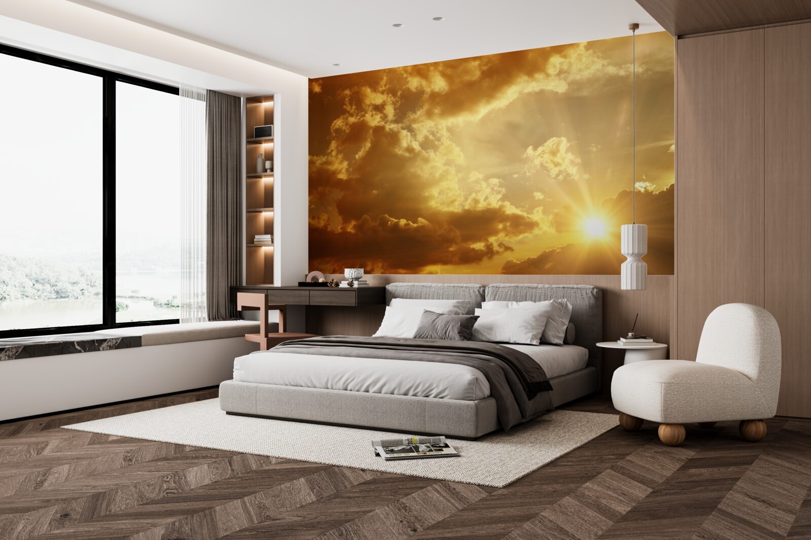 Fototapet razele soarelui care trec prin nori la apusul soarelui emit căldură