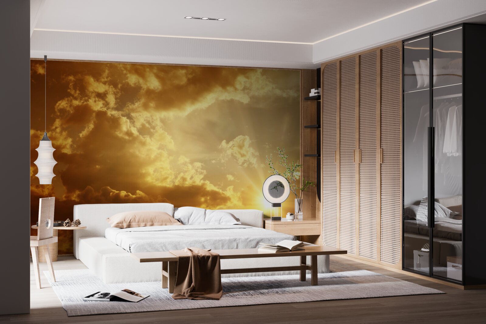 Fototapet razele soarelui care trec prin nori la apusul soarelui emit căldură