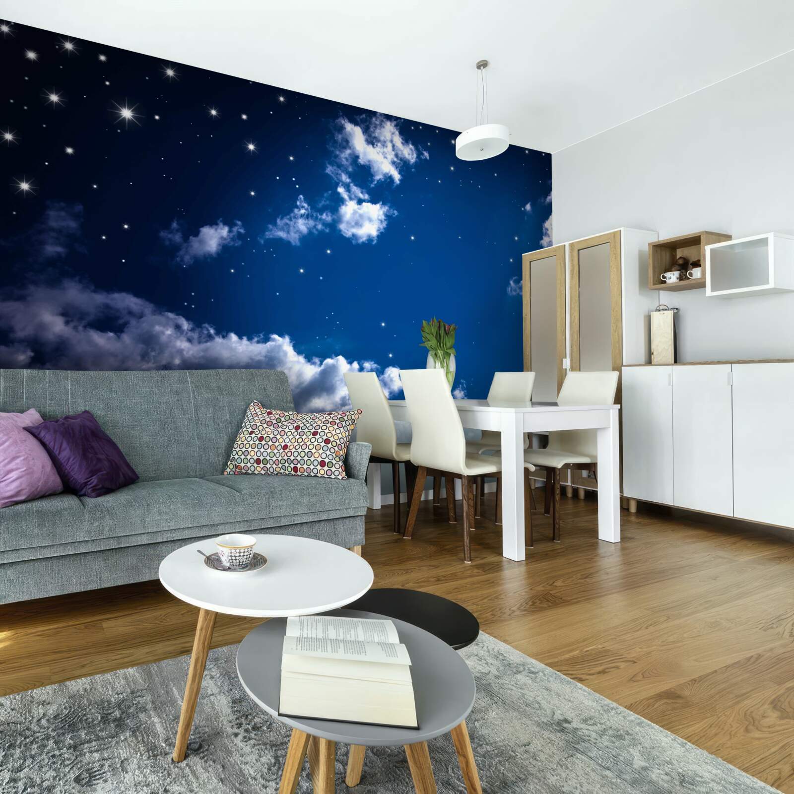 Fototapet cerul nopții strălucește cu nori și stele