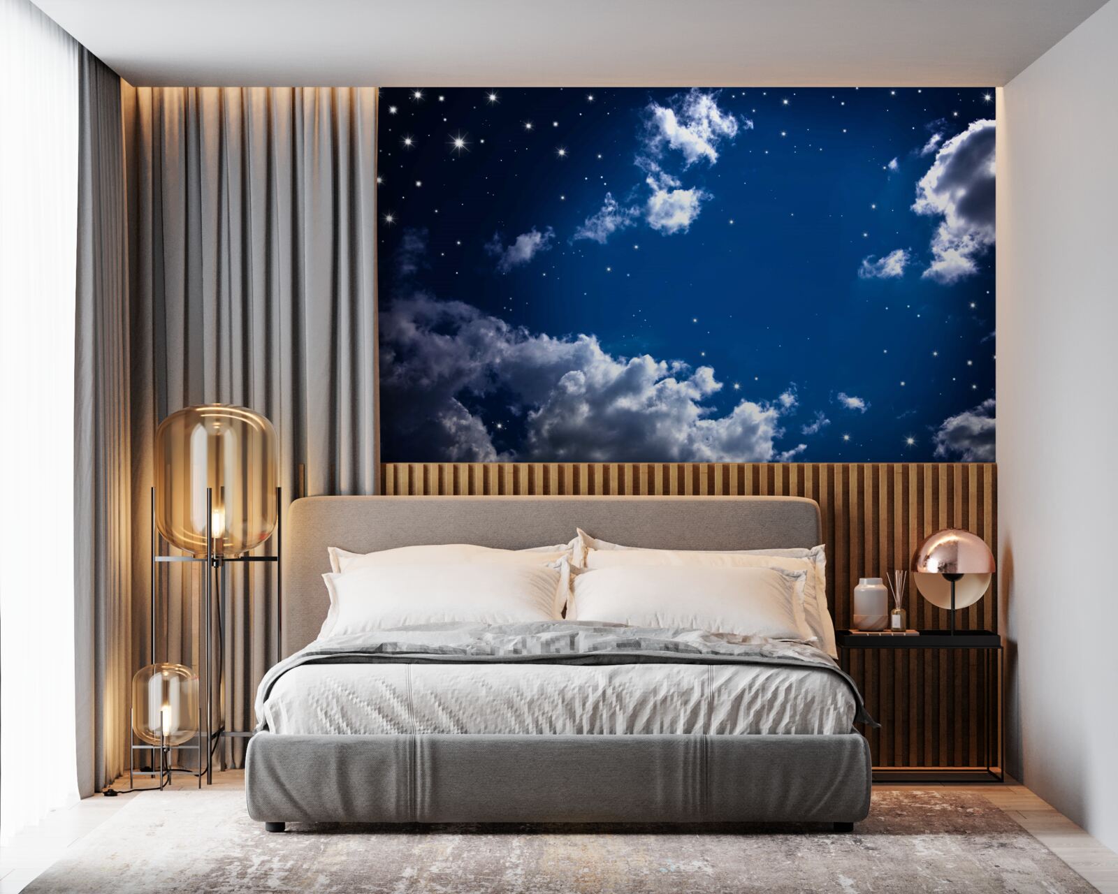 Fototapet cerul nopții strălucește cu nori și stele