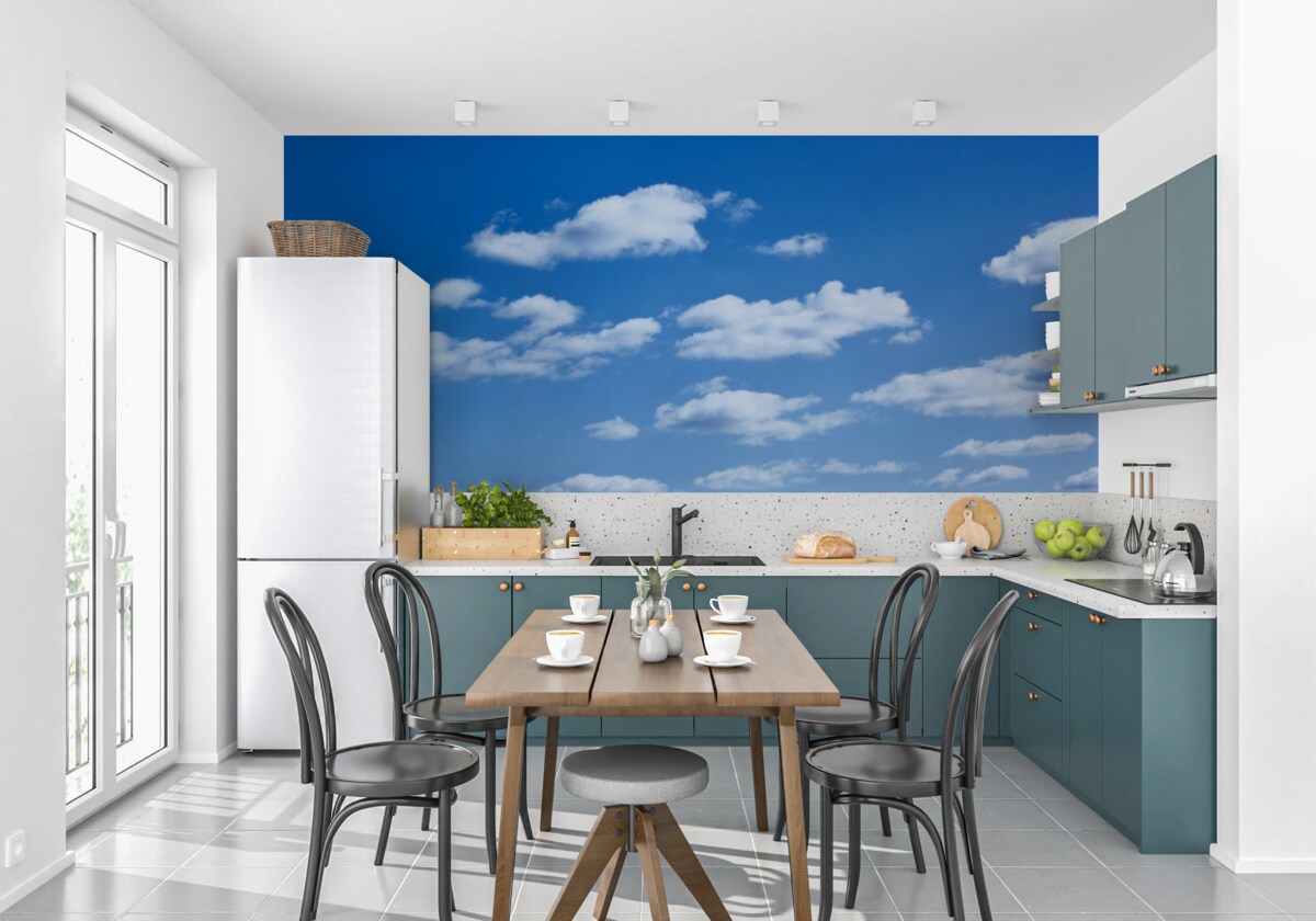 Fototapet nori albi plutind pe un cer albastru