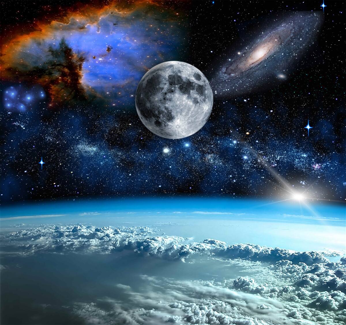 Fototapet luna și universul sunt deasupra norilor