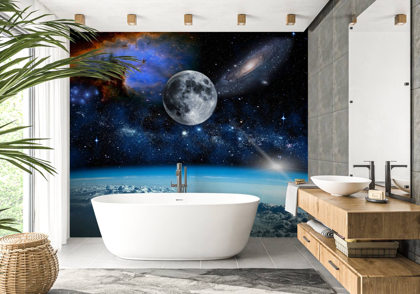 Fototapet luna și universul sunt deasupra norilor