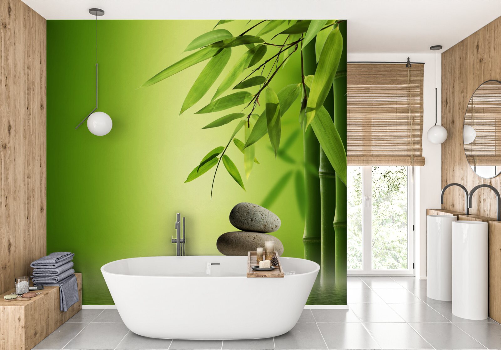 Fototapet bambus verde și pietre spa