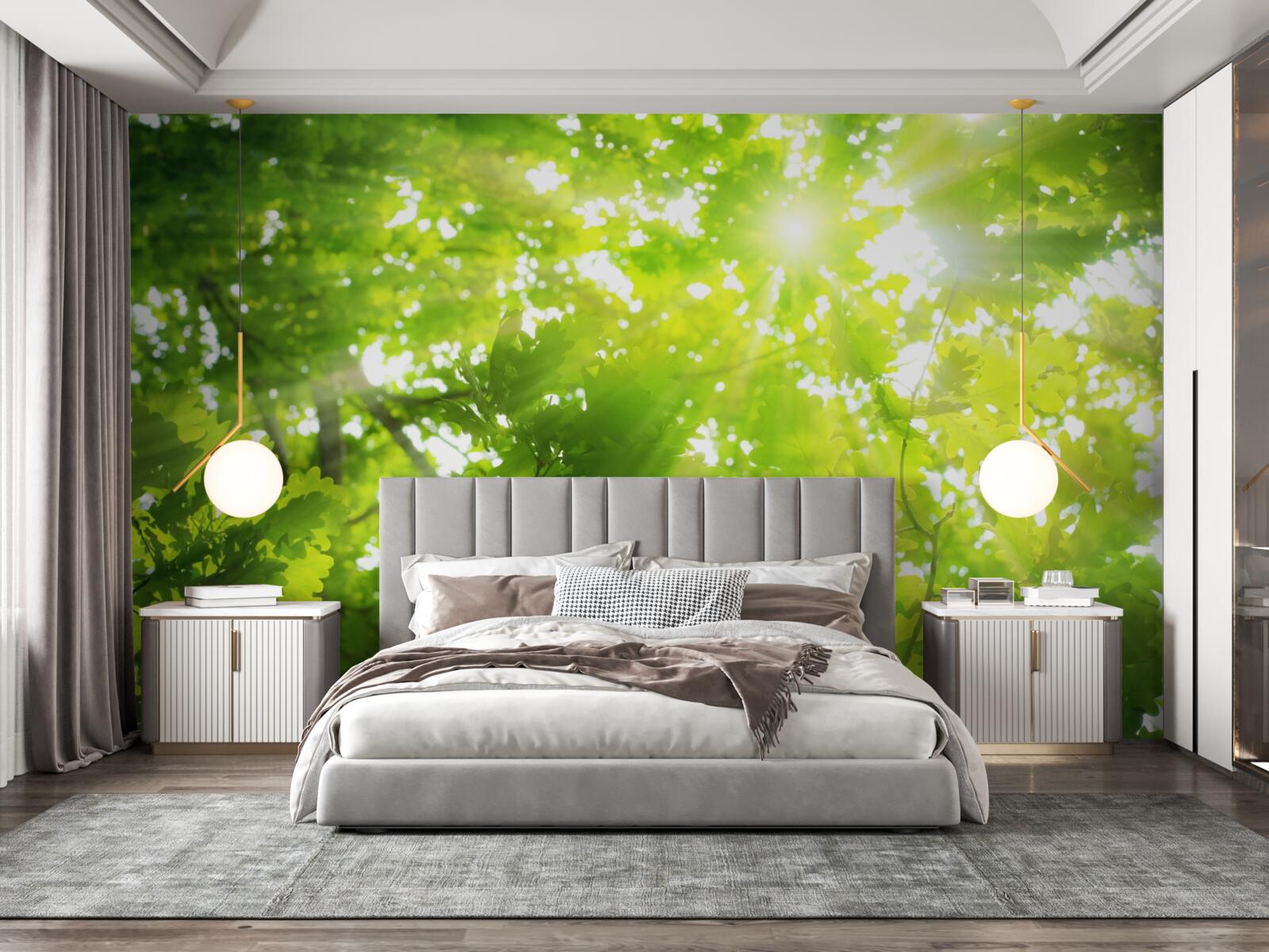 Fototapet raze de soare care strălucesc prin tufișurile verzi