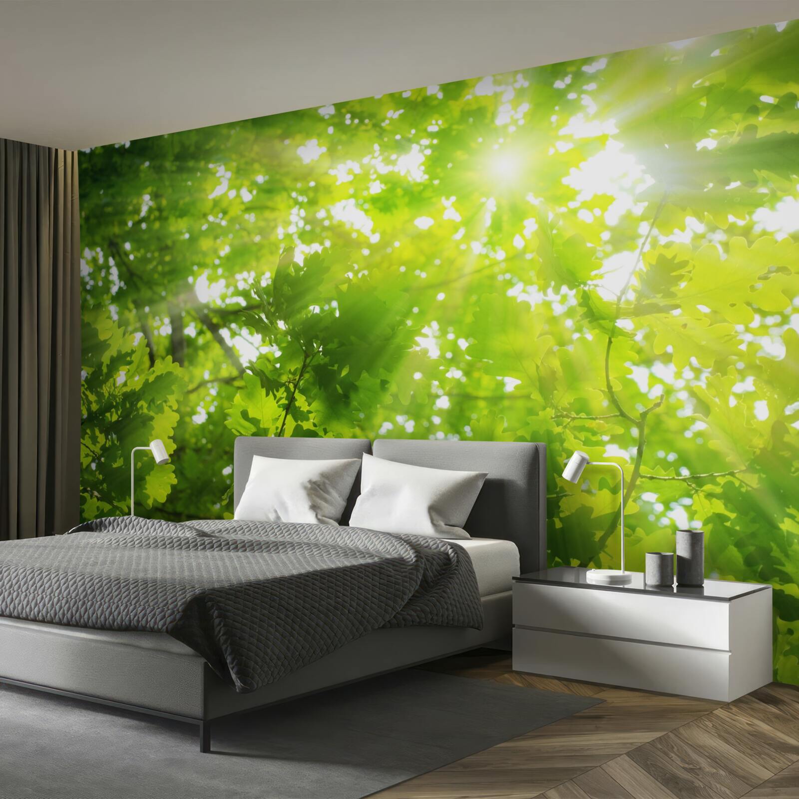 Fototapet raze de soare care strălucesc prin tufișurile verzi