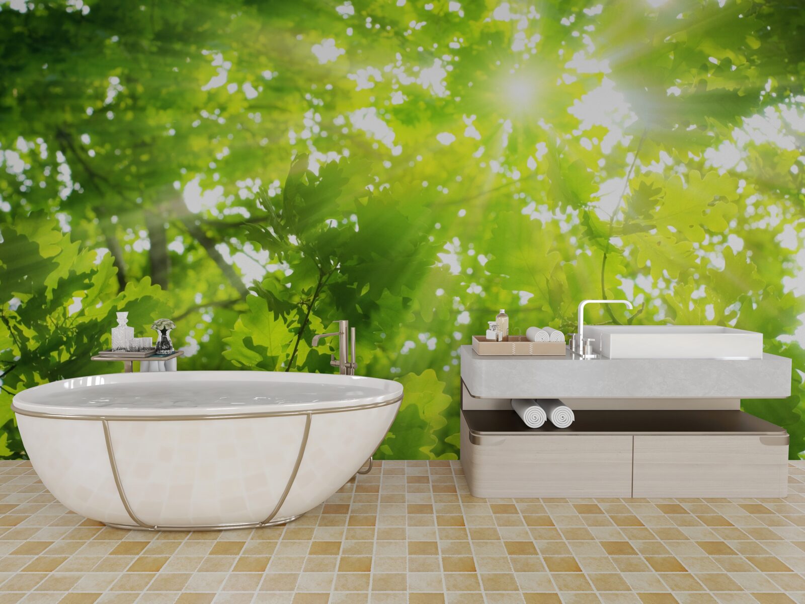 Fototapet raze de soare care strălucesc prin tufișurile verzi