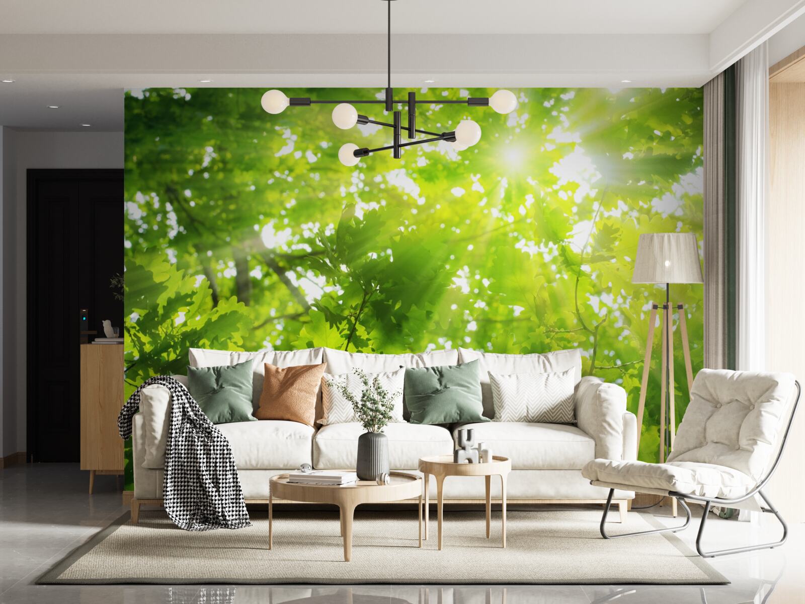 Fototapet raze de soare care strălucesc prin tufișurile verzi